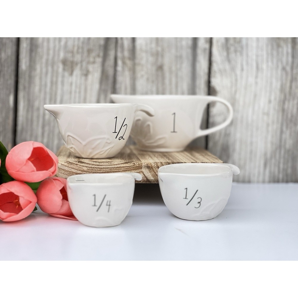 RAE DUNN White Ceramic Measuring Cups with Handles- Set of 4 (1, 1/2, 1/3, 1/4)